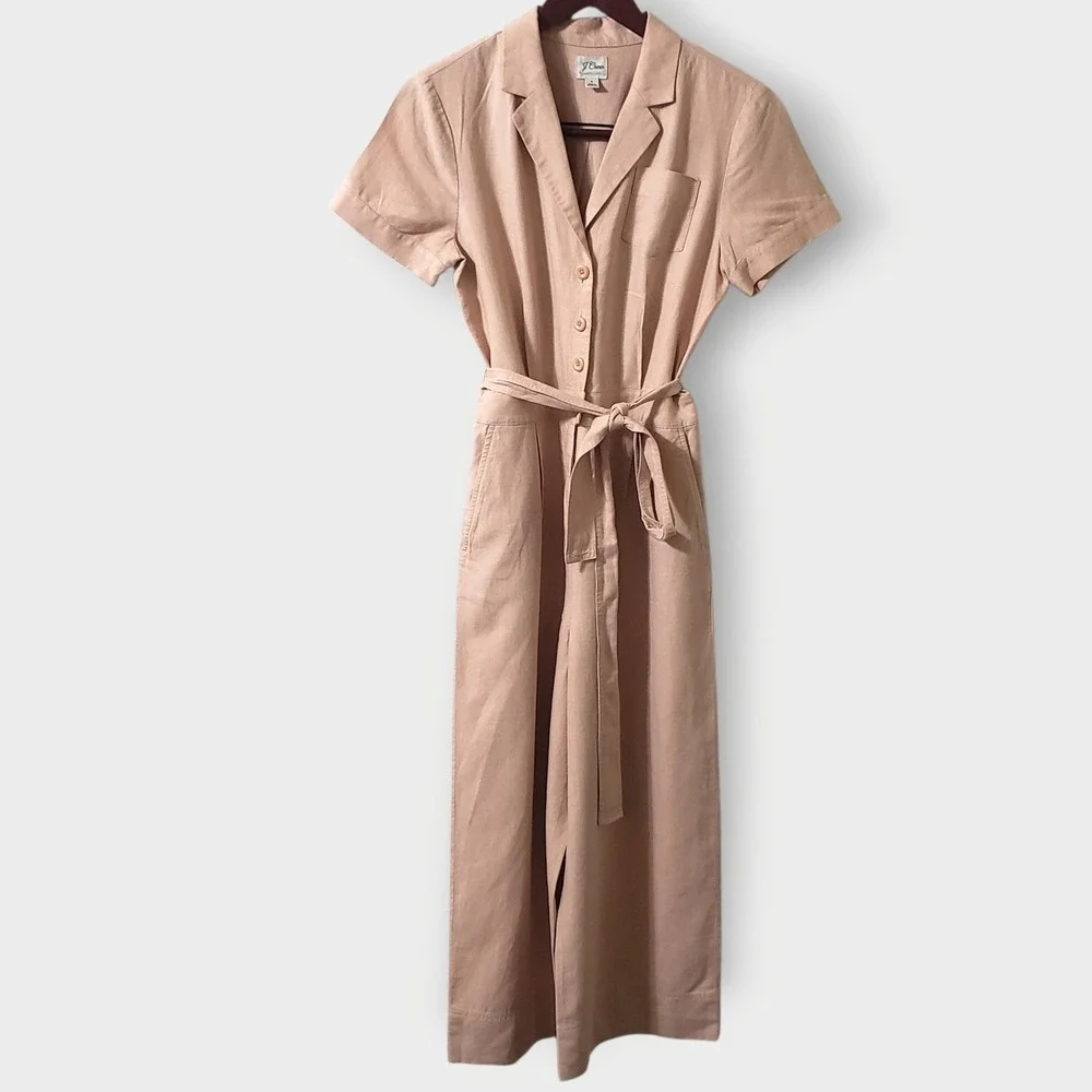 J.Crew Wide Leg Linen Blend Jumpsuit Sz 4 Belted Pleated Short Sleeve Blush Pink - Picture 1 of 16